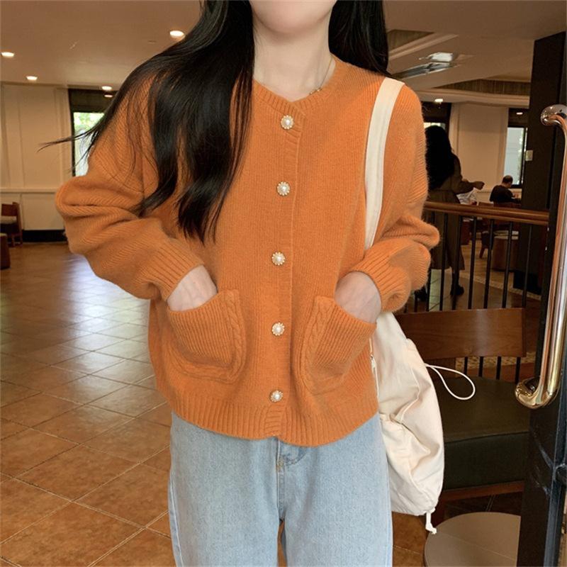 

Маленький парфюмированный стиль короткий параграф свитер куртка женский осенний мягкий милый однобортный круглый вырез вязаный кардиган прилив One size оранжевый