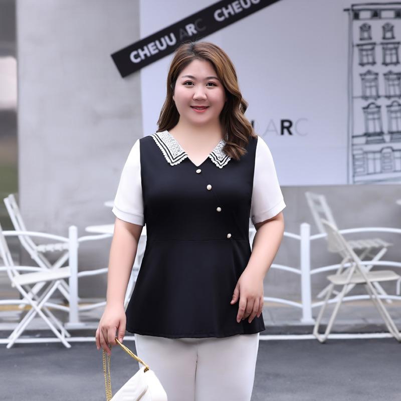 Plus Size Women's Summer New V Neck Waist Slimming Chiffon Short Sleeved Top