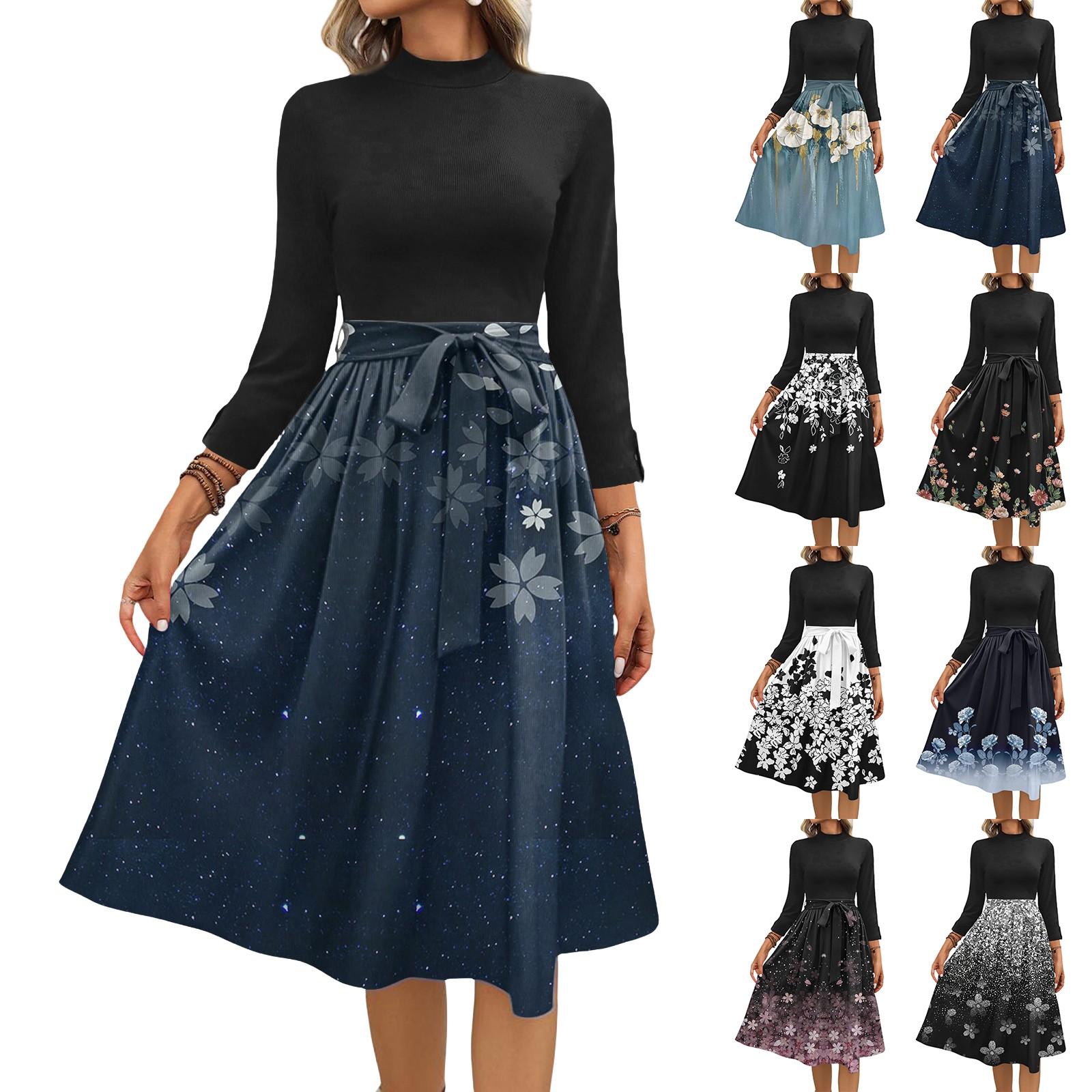 

Women s Fashion Casual Belt Seven Sleeve Round Neck Floral Temperament Dresses M синій