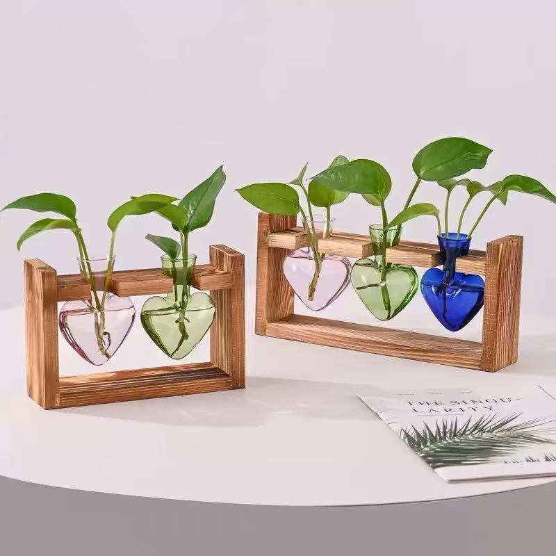 Creative Colorful Heart Shaped Transparent Glass Vase Wooden Frame Hydroponic Vase Container Home Ofice Table Decoration