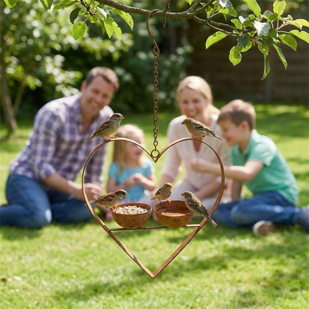 Double Bowl Hanging Bird Feeder Iron Art Bird Feeding Station Heart Shape Bird Feeder  Outdoor Use