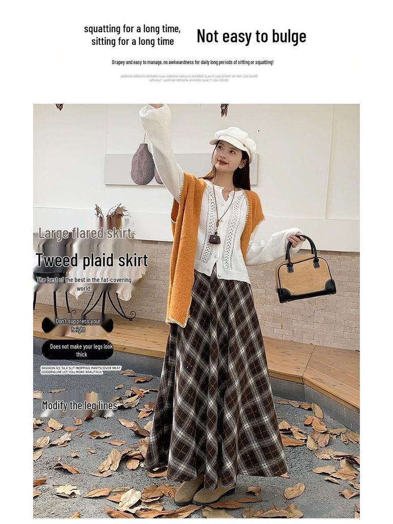 Thickened Warm Wool Retro Plaid Umbrella Skirt - 2025 Autumn/Winter Collection