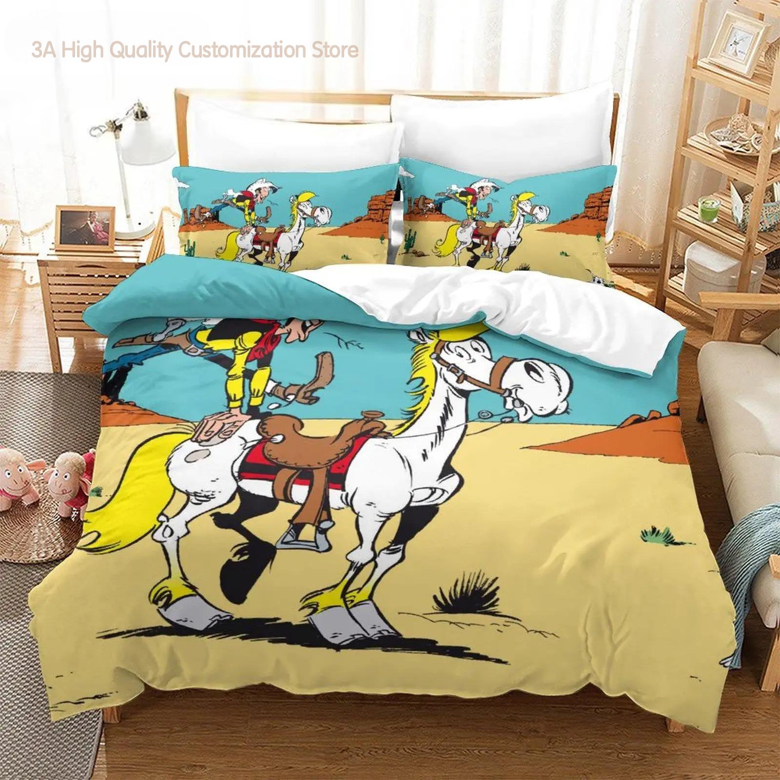 Parure de lit Kawaii Lucky Luke Simple Jumeaux Lit Jumeaux Lit Double Queen King Size Ensemble de Couette pour Chambre d'Enfant Adulte Ensemble de Draps 3D Anime EU single(135x200cm)