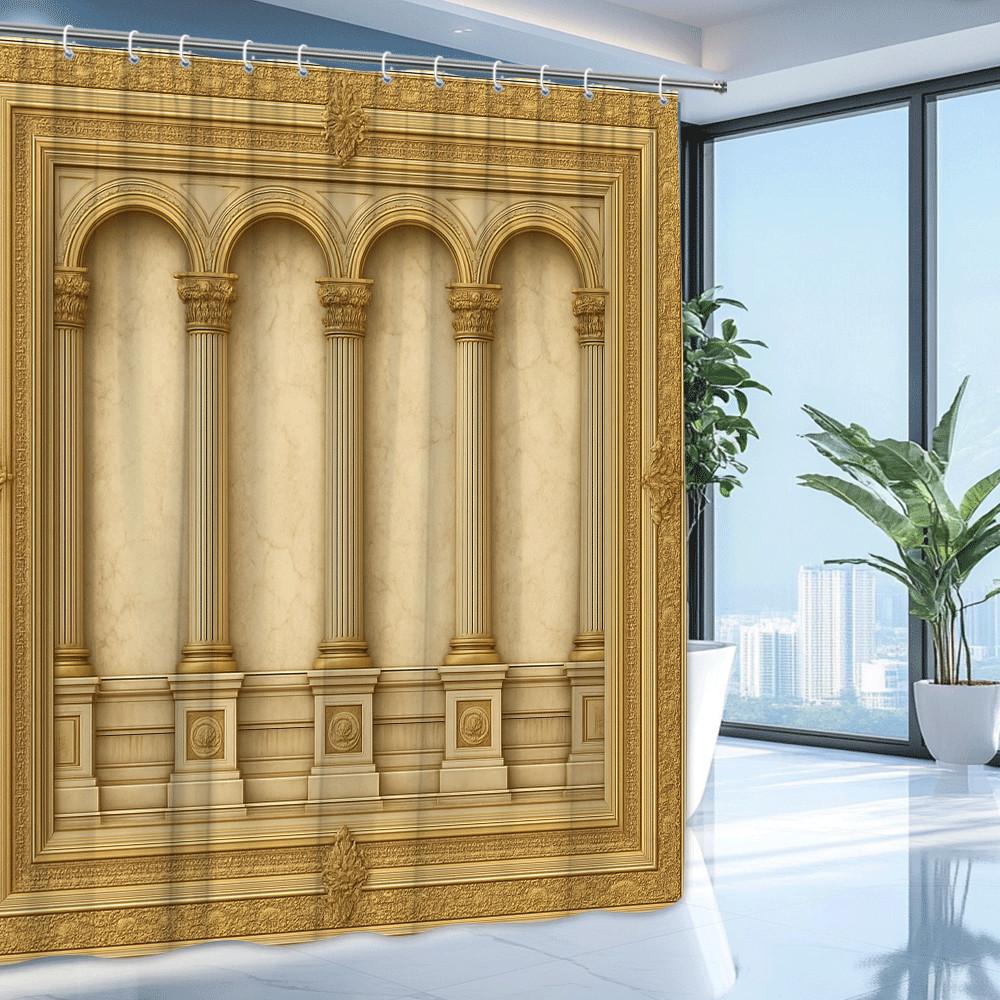 Golden Palace Columns Shower Curtain Classical Arch Design Luxury Royal Architecture Decor Waterproof Free Hooks Included