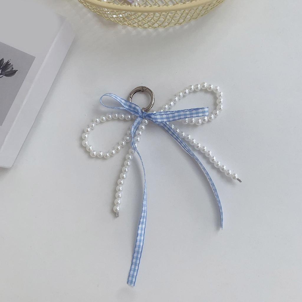 Elegant Pearl Ribbon Bowknot Keychain Pendant Keyring Charm Lovely Hanging Decorations for Purse Bag Backpack Handbag