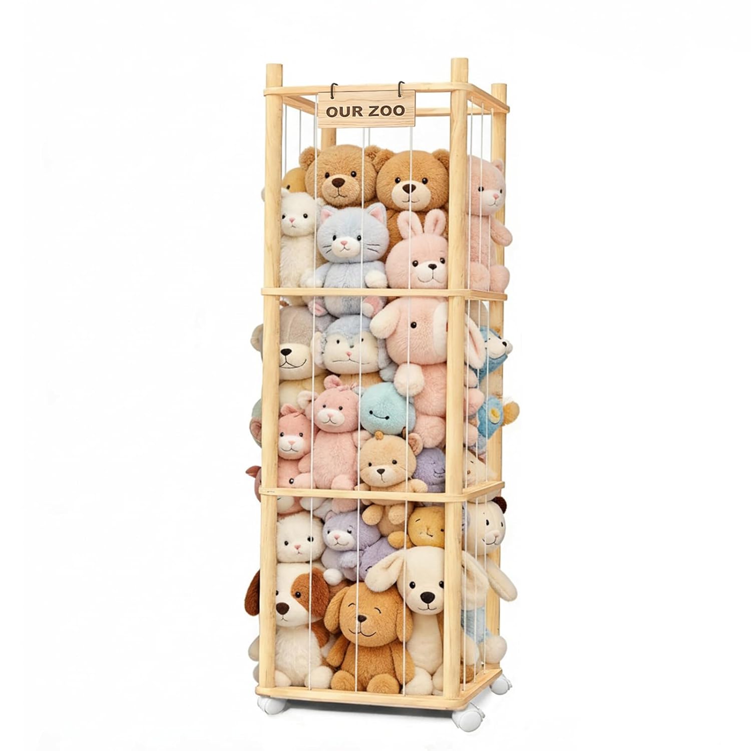 

Stuffed Animal Storage Zoo with Wheels, Wooden Large Stuff Animals Plushies Holder, Toy Organizer Storage Cage for Nursery Playroom Bedroom 3 Tier with Wheels природний