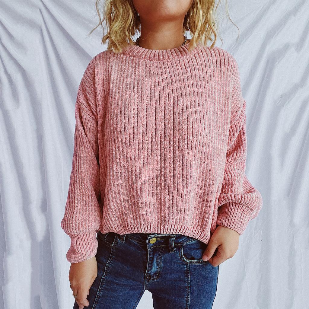 Women's Fashion Casual Round Neck Pullover Solid Color Long-sleeve Sweater Top