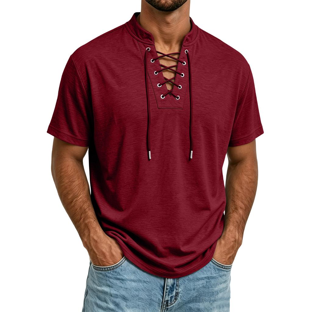 T-shirt décontracté à manches courtes pour homme Tissu léger et respirant Col à cordon de serrage Haut d'été