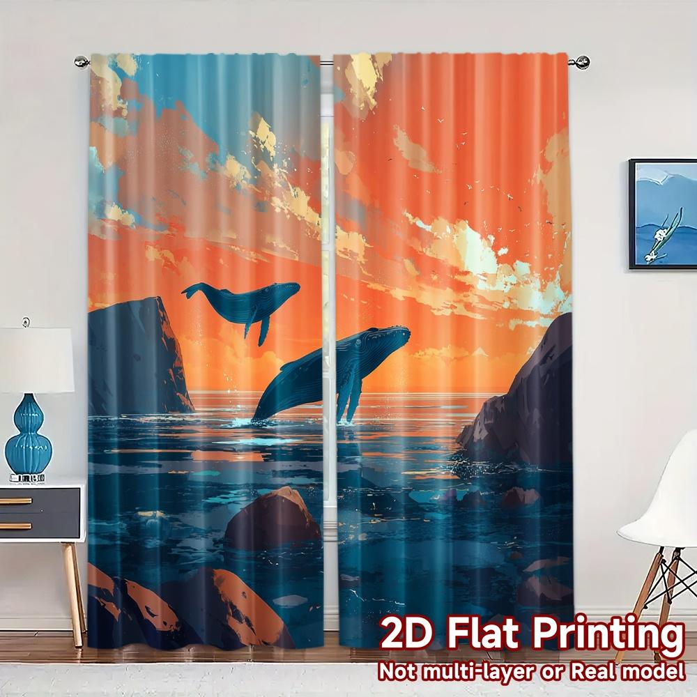 

Set Of 2 Minimalist Flat Printing Curtains Without Rod Ocean Odyssey Popular Semi Decorations Home Curtain Sheer Polyester W100*H70(CM)-Rod Pocket&2PCS