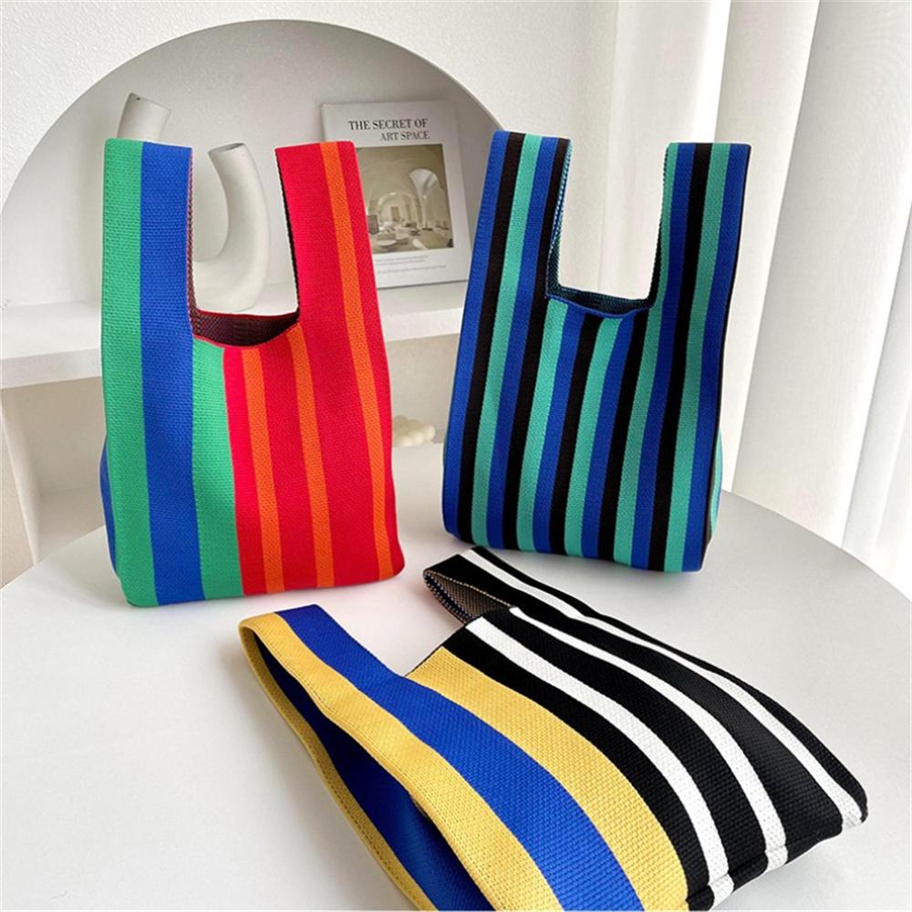 Design Stripes Knitted Bag Student Girl Casual Shoulder Women Retro Wrist Bag New