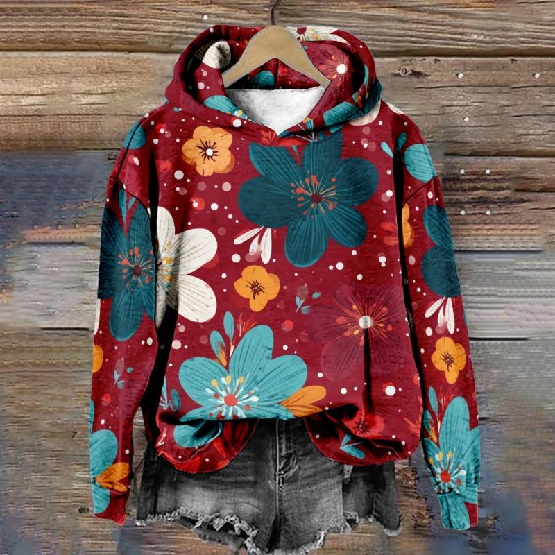 Women's Floral Hoodie Hipster Winter Pullover Harajuku Loose-Fit Casual Sweatshirt Cozy Fleece-Lined Jacket Casual Streetwear
