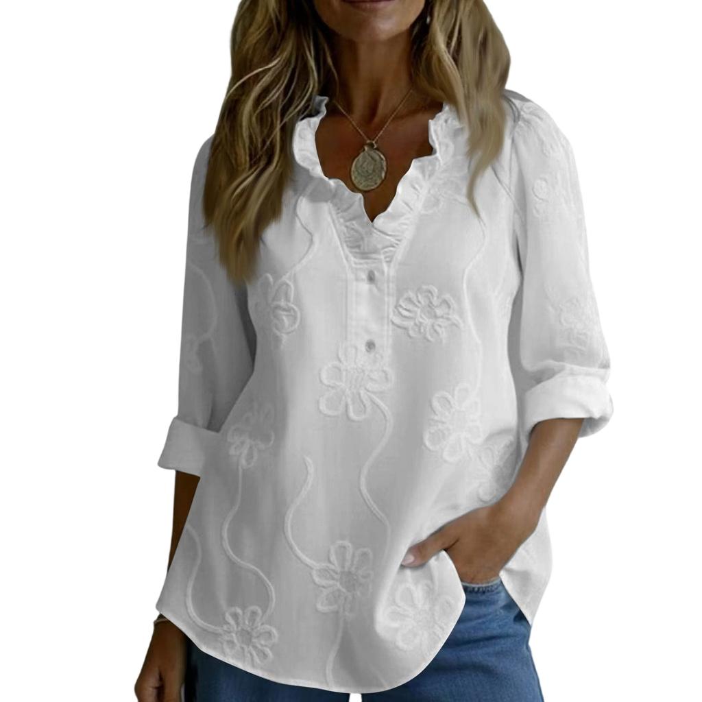 Women's Vintage Floral Embroidered Ruffle Long Sleeve Blouse, Button Down Relaxed Fit Casual Shirt
