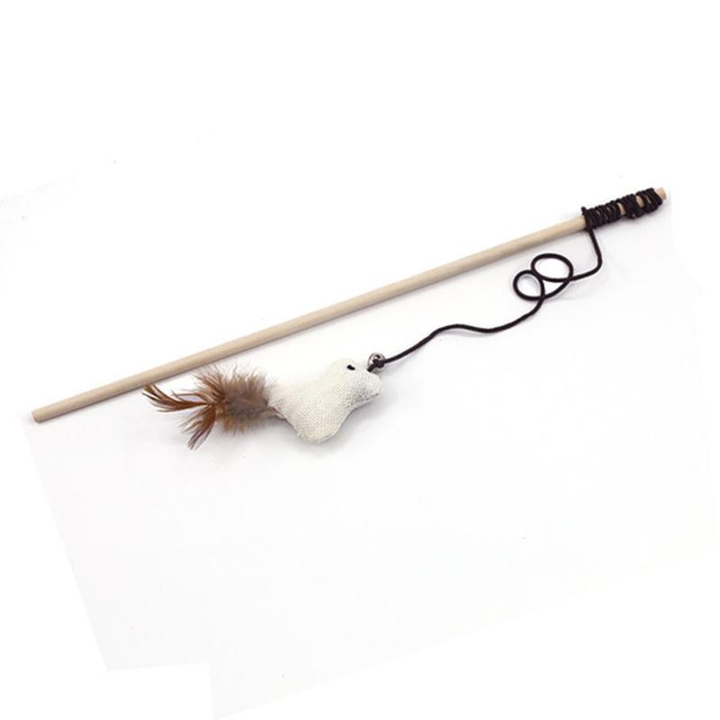 Wood+cotton Rope Funny  Cat  Stick Cartoon Animal Shape Feather Bell Pendant Wooden Pole Elastic