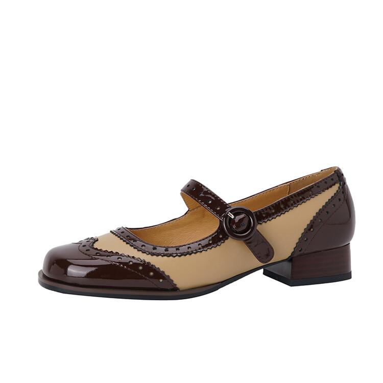 

Fashion NEW Spring/Autumn Shoes Women Square Toe Chunky Heel Mary Janes Mixed Color Women Pumps Patent Leather Shoes Classics High Heels 34 коричневый