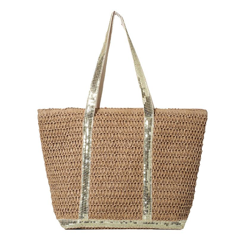 

2025 new fashion sequined splicing woven tote bag women s personality large capacity beach vacation casual shoulder bag золотий