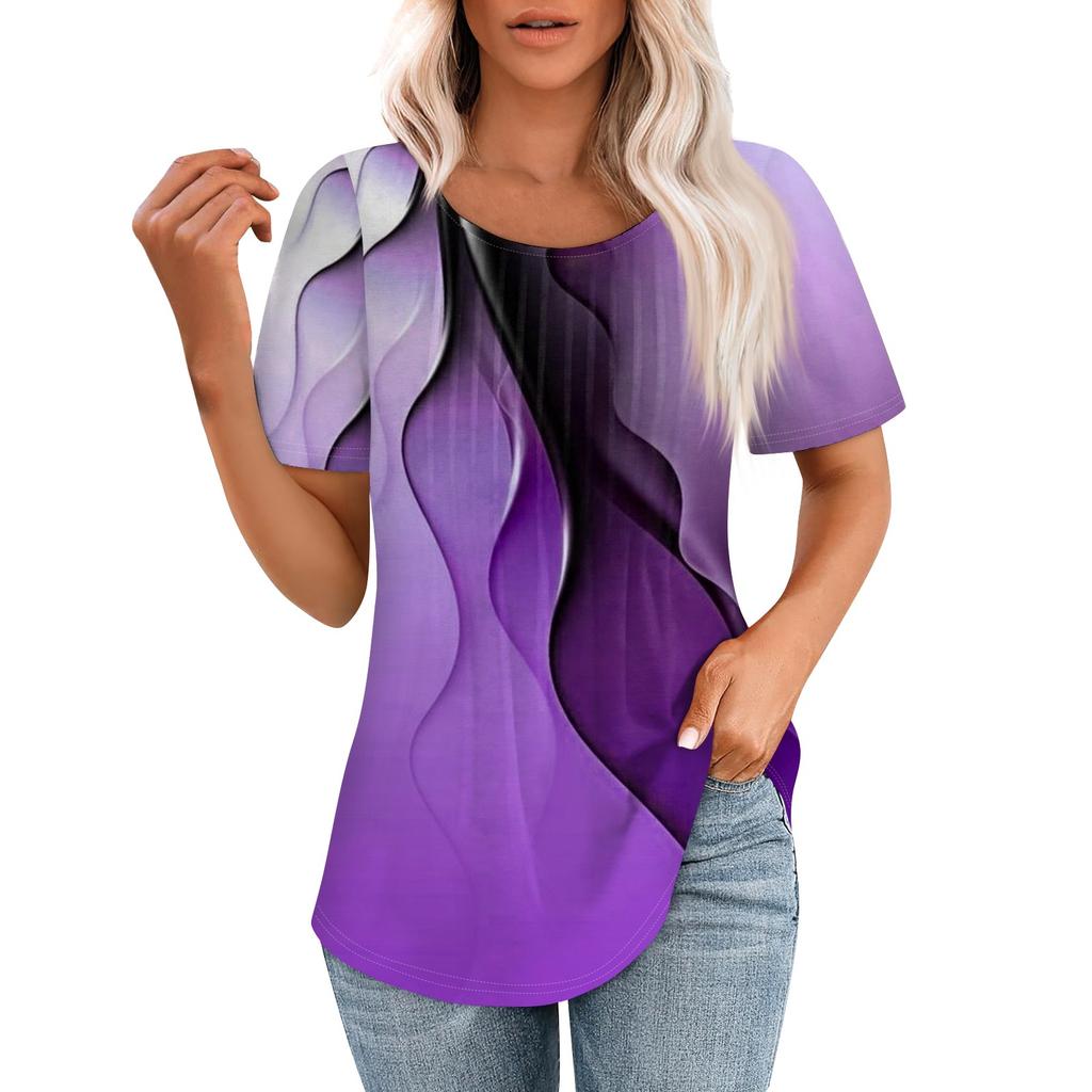 Damska letnia modna, swobodna plisowana, okrągła, z nadrukiem i krótkim rękawem koszulka z krótkim rękawem
