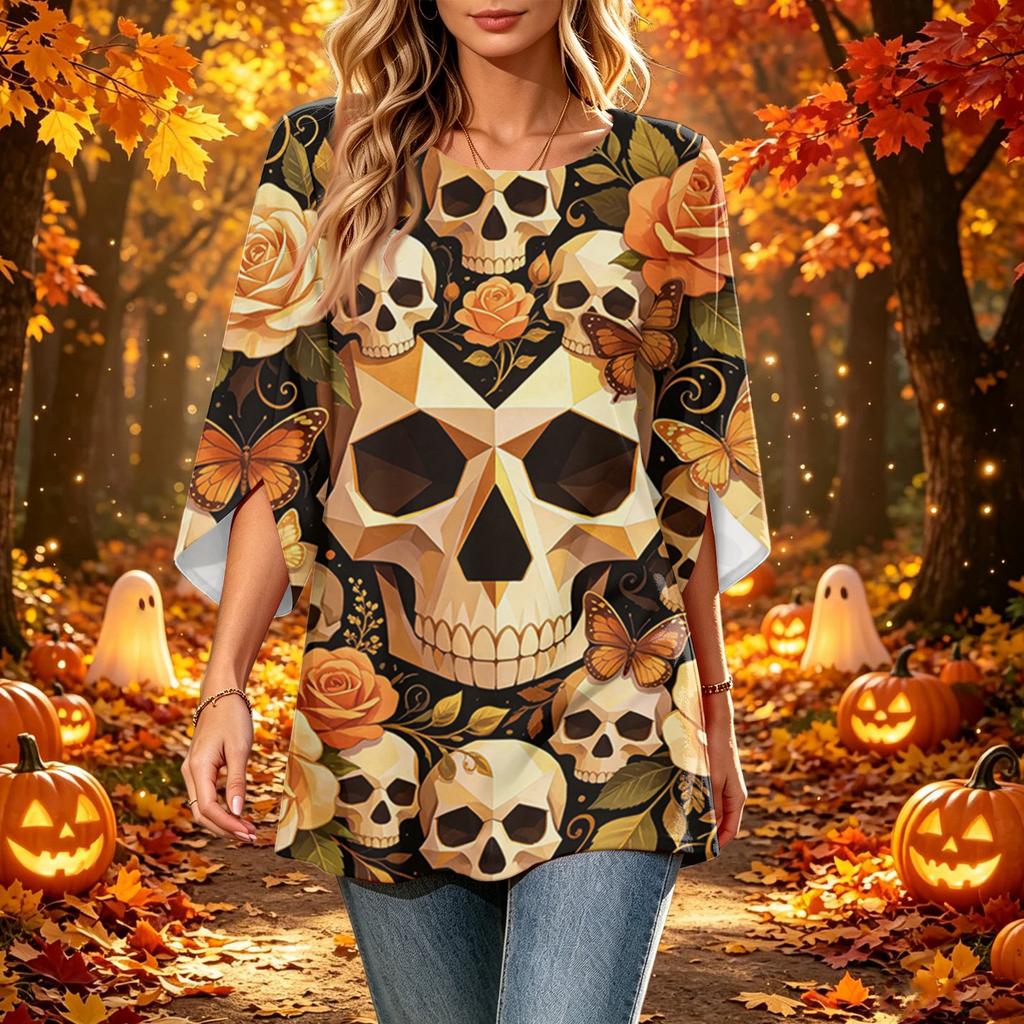 Women's Casual Loose Fit Three-Quarter Sleeve Neck Top with Halloween Print