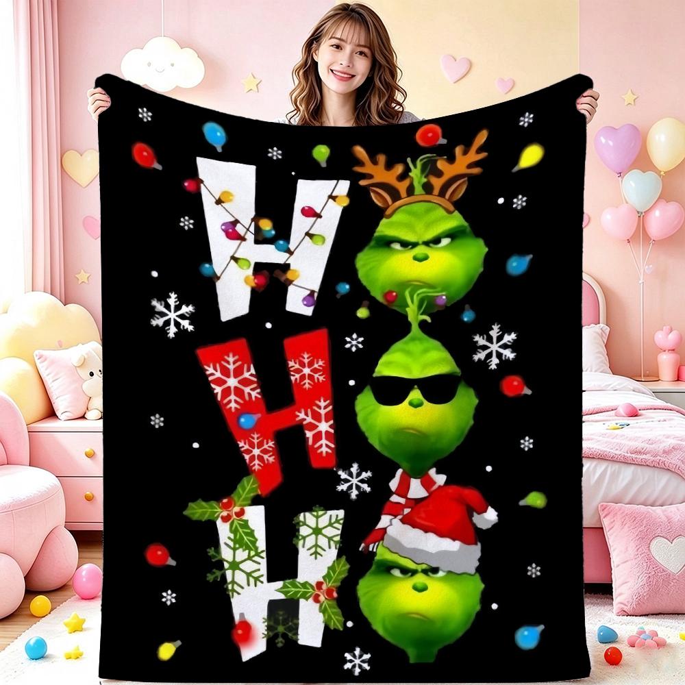 Ho Ho Ho Merry Grinch Christmas Theme Cartoon Flannel Blanket Soft Warm Throw Blanket For Office Sofa Lightweight Home Decor Memorial Gift