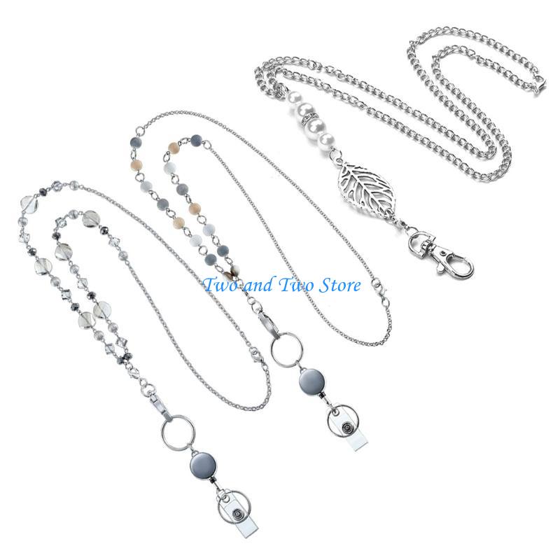 HX6F Women Beaded Chain Necklace Retractable Badge Reel Lanyard Badge Holder Gift