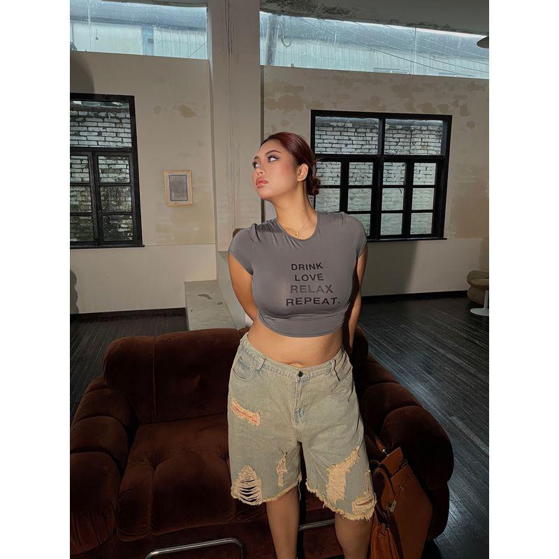 Nan Loose-Fit Raw Hem Ripped Denim Female New Arrival Summer Plus Size Plus Size Ladies High Waist Slim Looking Wide-Leg Half Pants Easiest for Match