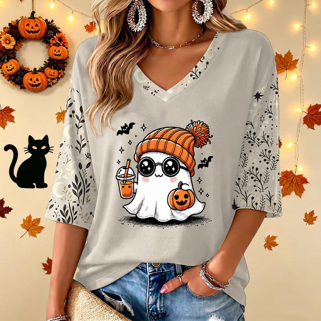 Women's V-Neck Halloween Print 3/4 Sleeve Casual Top