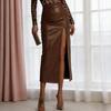 Midi Skirt High Waist Hip Skirt Design Pure Color with Slit Artificial Leather Slimming Fit Office