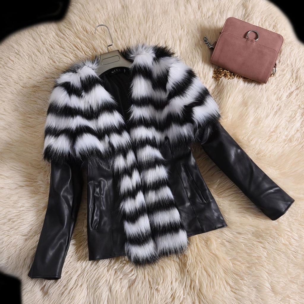 Womens Fashion Warm Plush Pocket Long Sleeve Imitation Leather Collar Coat