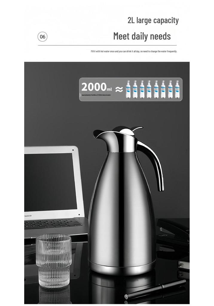 304 Stainless Steel 2L Vacuum-Insulated Coffee Pot, Large Capacity Cold Water Thermos