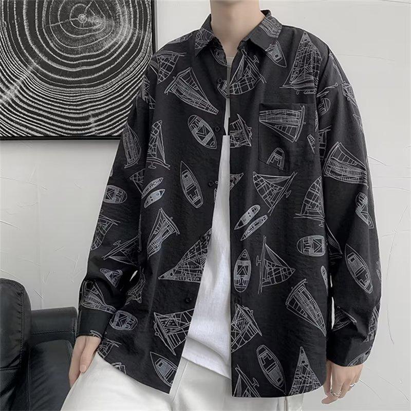 Spring and Autumn Graffiti Long-Sleeved Shirt Men's Printed Ins Fashion Brand Hong Kong Style Japanese Style Students All-Match Fashion Couple's Tops