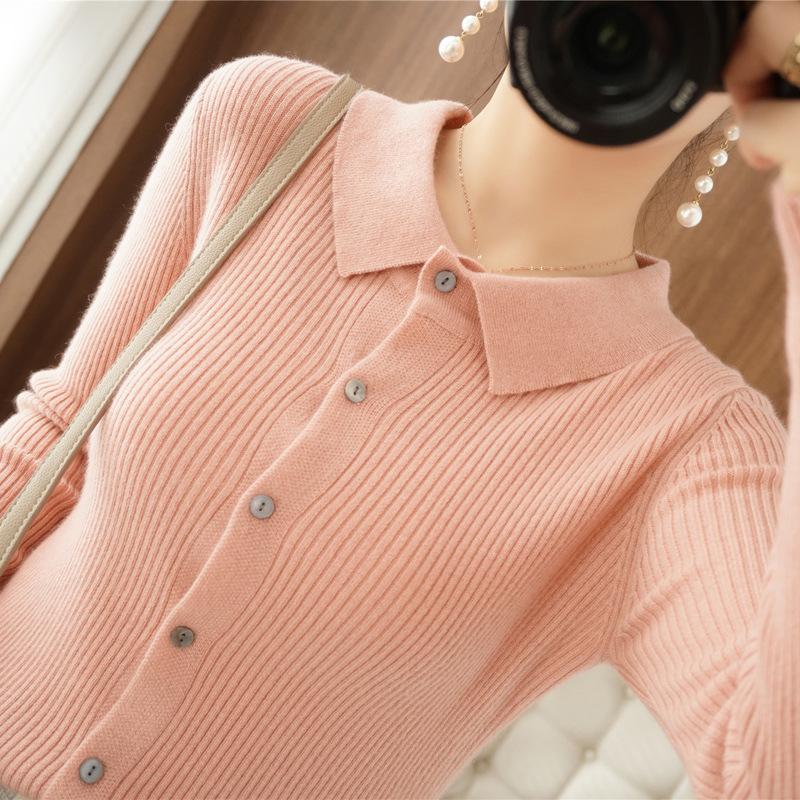 New Shirt Women's Long Sleeve Knitted Cardigan Jacket Slim-fit Large Size PO Neck Sweater Solid Color Button Top
