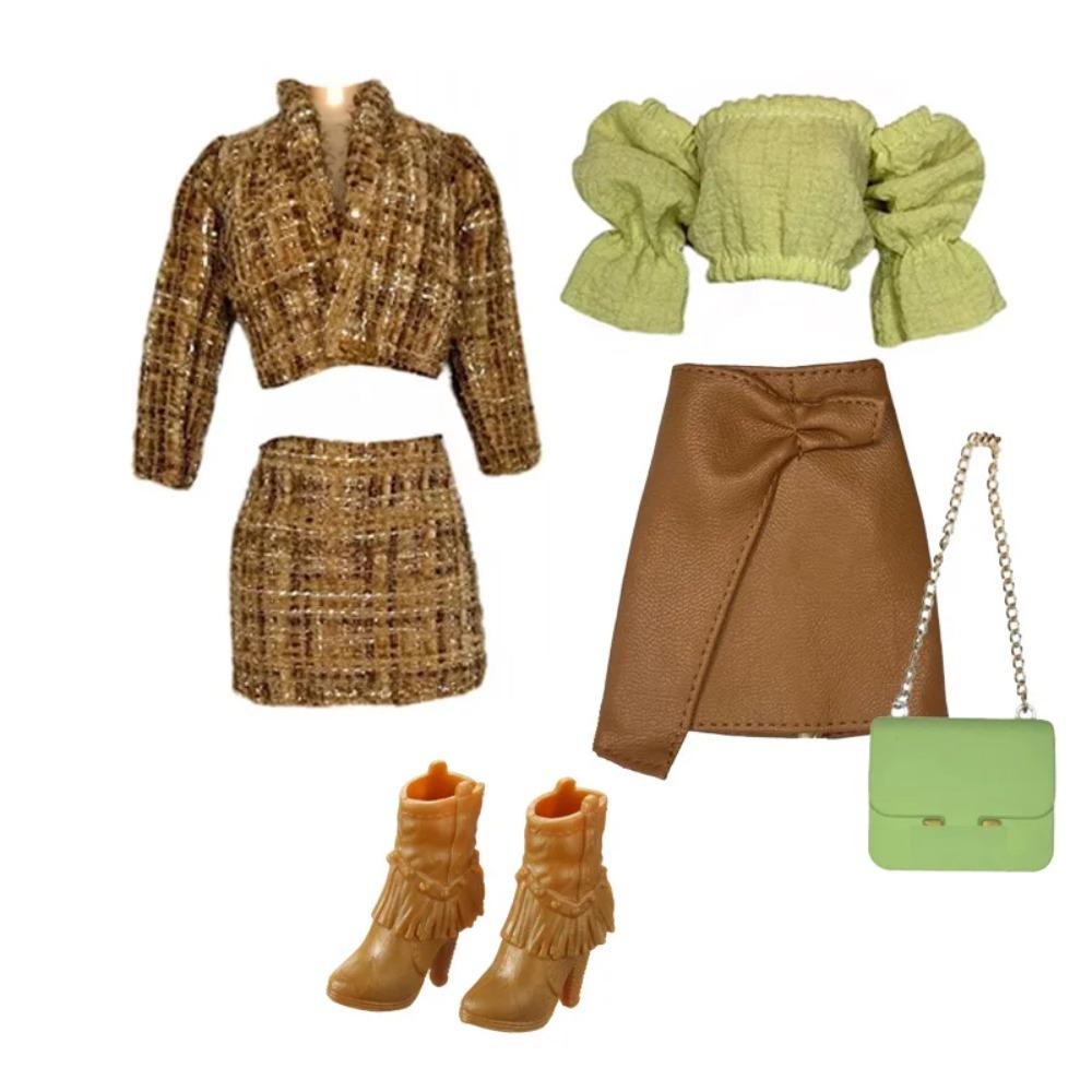 Elegantes Puppenoutfit für 1/6 Puppe Modepuppe Rosa Hahnentritt-Kleid Hut Goldener Gürtel Handtasche mit Schuhen Set