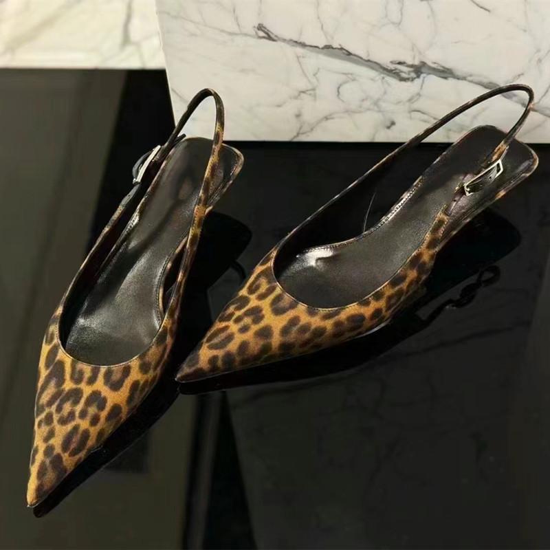 Sexy Women's Low Heel Pointed Toe Pumps Leopard Print Kitten Heel Sandals Open Toe High Heels Shoes
