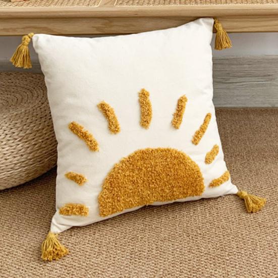 Embroidered Pillowcase Tufted Embroidery Cushion Cover with Tassels Cotton Linen Decorative Pillow