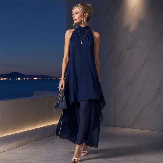 Maxi Abito da Donna Fluido in Chiffon, Senza Maniche con Scollo all'Americana, Abito da Ospite per Matrimonio, Orlo Asimmetrico, Abito da Sera Formale Estivo, Abito da Cocktail
