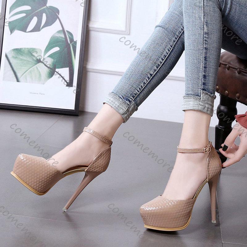 Fashion Comemore New Pointed Black Sexy Pumps Platform Ankle Buckle Thin High Heel Dress Shoes 12cm Stiletto Elegant Heeled Shoes Woman
