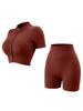 Ensemble de Sport pour Femme : Haut à Col Montant Manches Courtes Fermeture Éclair et Short Ribbed Taille Haute Contrôle du Ventre Lifting des Fesses