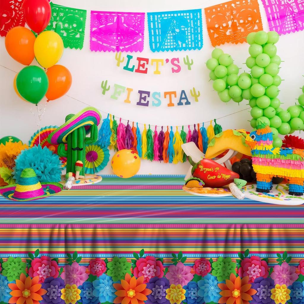 4PCS Mexican Holiday Theme Table Cloth Mexican Fiesta Tablecloths Cinco De Mayo Table Cover Mexico Colorful Striped Paper Flower Table Cloth for