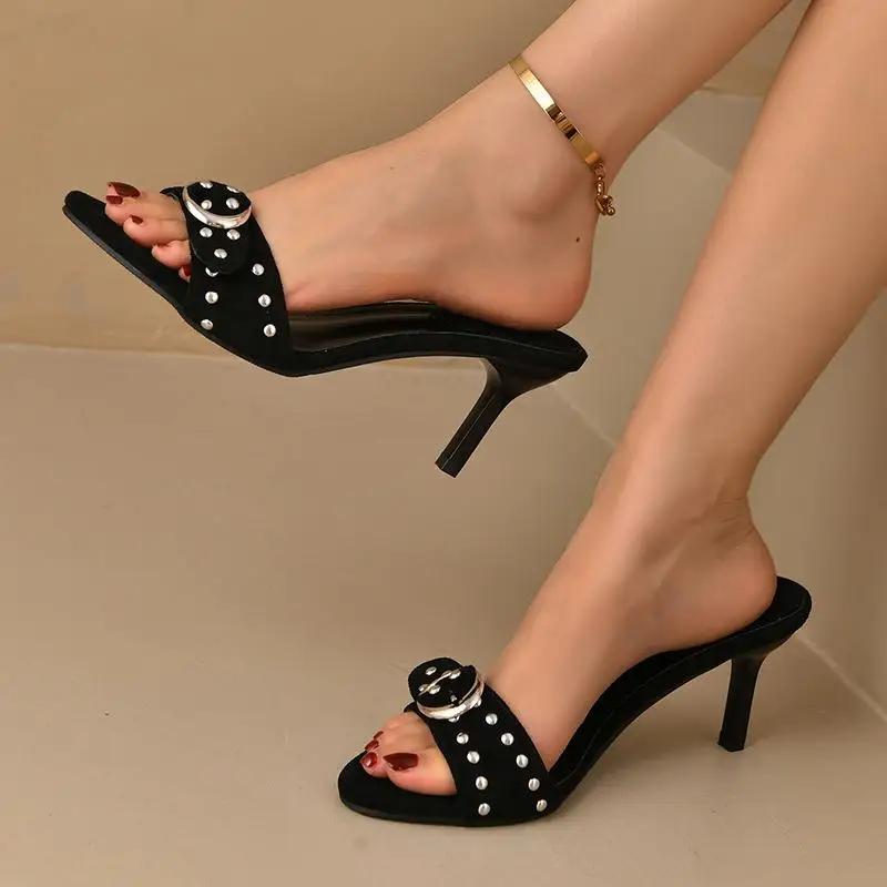 Punk Silver Metal Buckle Decoration Black Sandals Women 2025 Summer Rivet Straps High Heels Slides Sexy Slip On Slippers