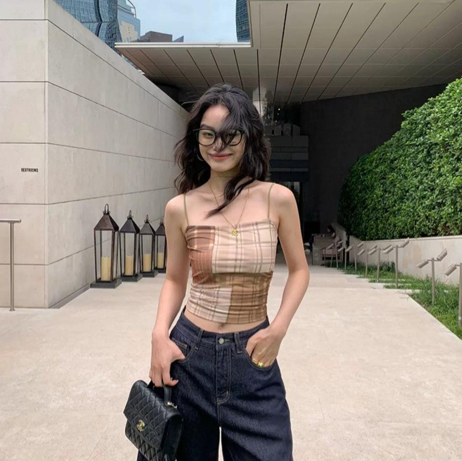 #Summer New Pure Desire Wind Irregular Plaid Printing Sling Vest Female Slim Short Fixing Belt Chest Pad