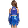 Girls Jazz Sleeveless Keyhole Back Sequins Crop Top Asymmetric Metallic Skirt Sequined Tassels Gloves Set