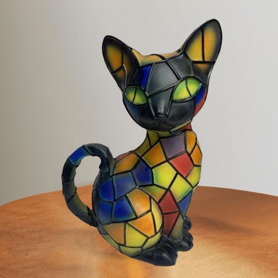 Stained Glass Cat Table Lamp USB Powered Vintage Animal Night Light Home Office Bedroom Kids Room Bedside LED Desk Lamp