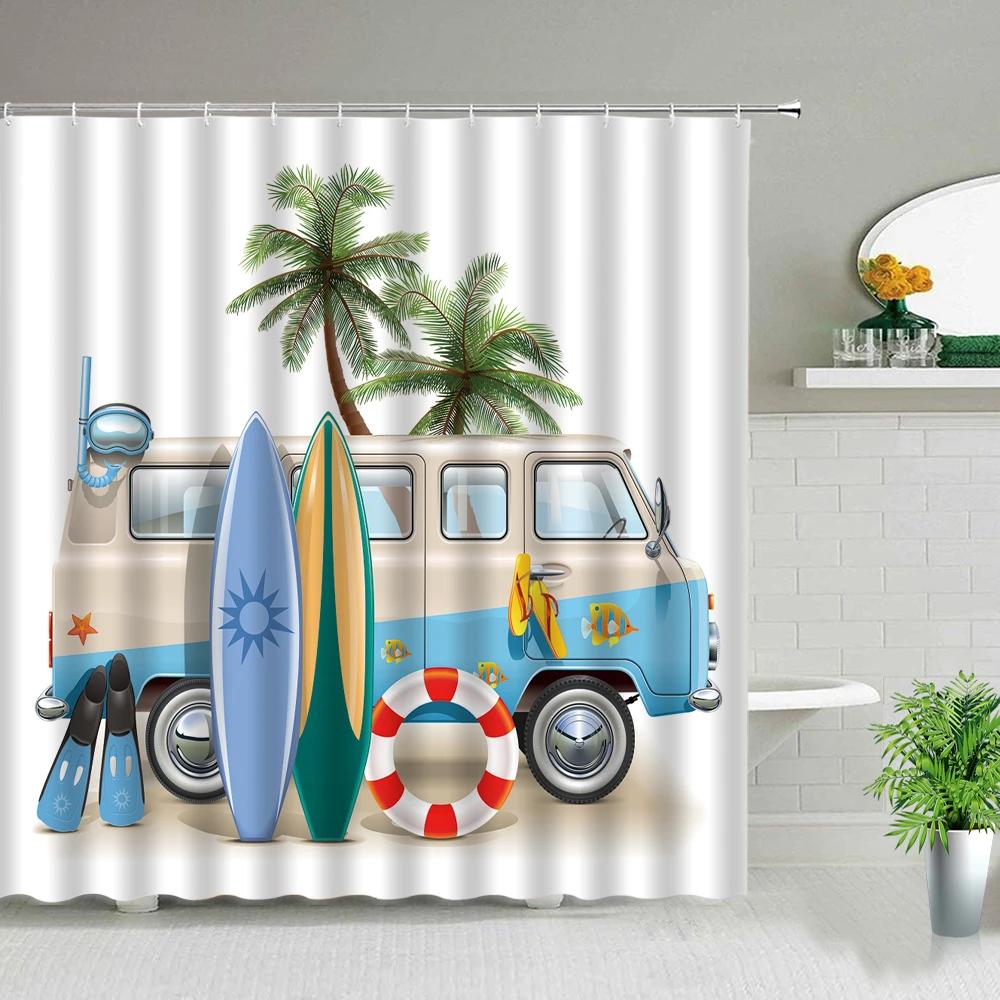 Retro Bus Surfboard Shower Curtains Summer Coconut Tree Scenery Home Bathroom Decoration Waterproof Fabric Bathtub Screen