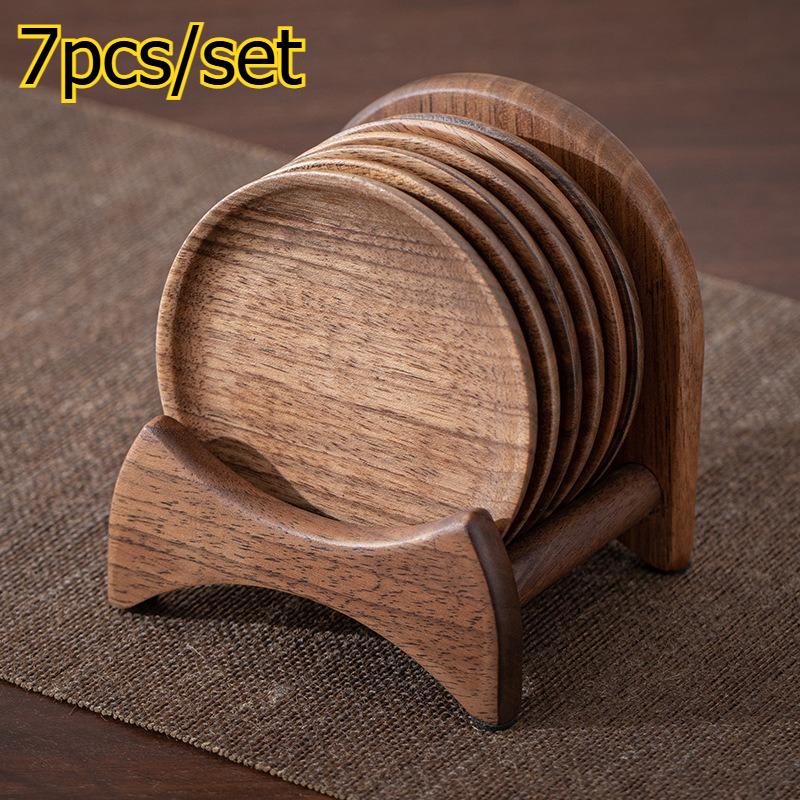 7pcs/set Walnut Wood Coaster Set with Holder Creative Heat-Resistant Cup Mat Home Coffee & Tea Table Coasters коричневый