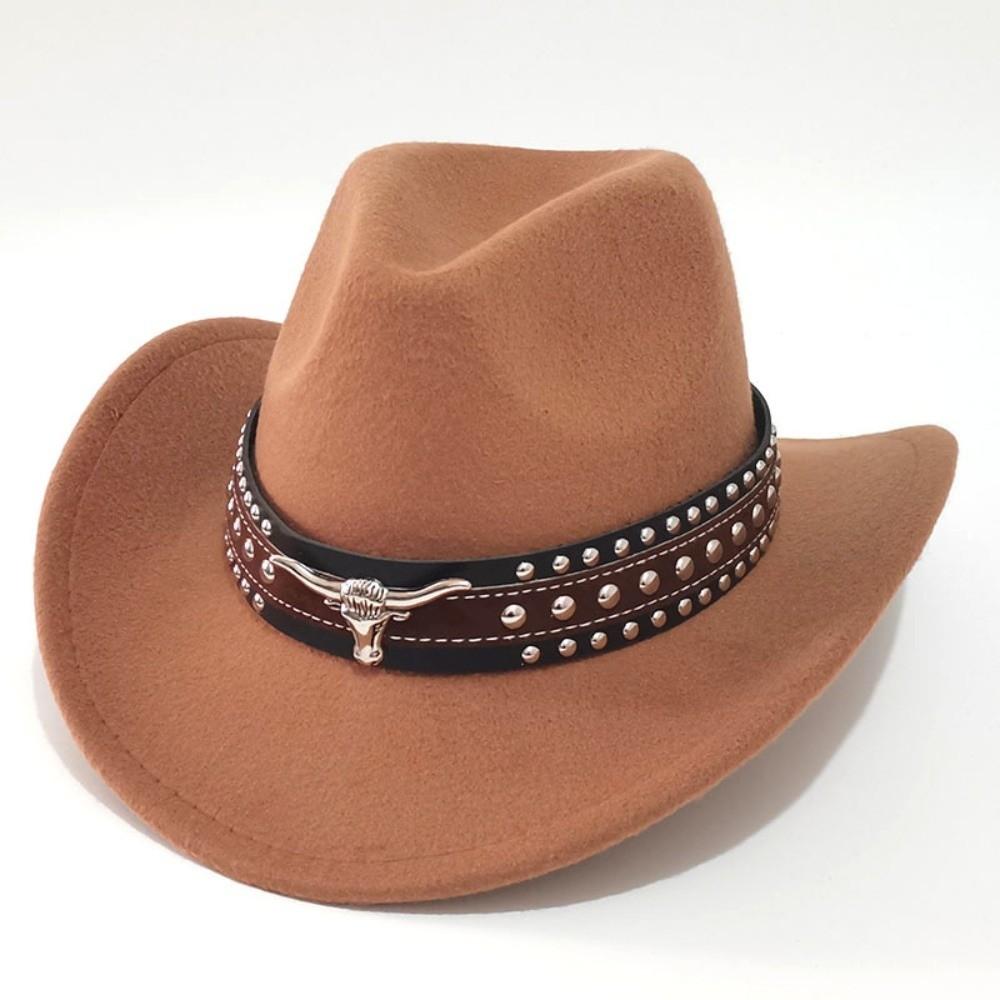 Felt Western Cowboy Hat Wide Brim Jazz Fedora Hats New Studded Leather Cap  Women