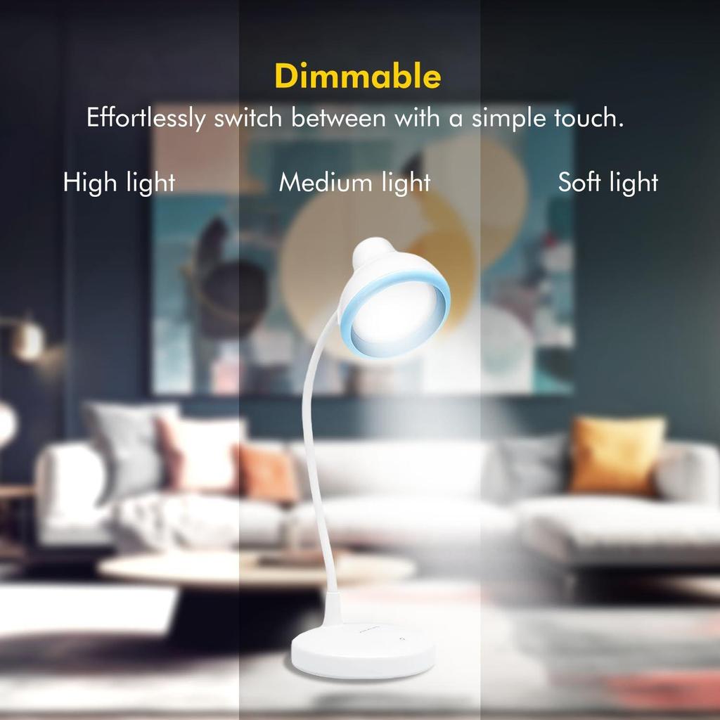 LED Table Lamp, Round and Flexible Design with 3 Grade Dimming, 6W Desk Lamp for Study with Adjustable Neck, White, ABS, Pack of 1
