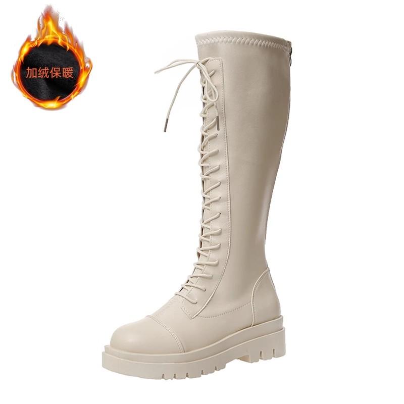 Platform women's shoes but knee boots Skinny boots Lace-up knight boots Autumn and winter white small long boots Women's tall boots
