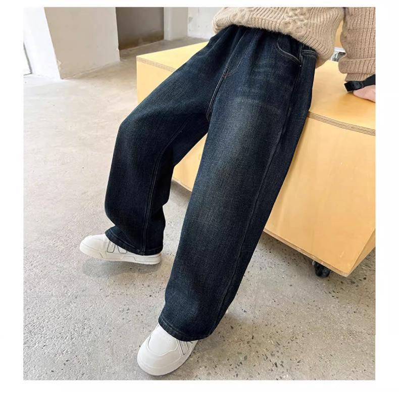 2025 Blugi pentru Băieți Mărimi Mari cu Căptușeală Fleece cu Croială Dreaptă pentru Adolescenți Supraponderali – Pantaloni Lungi de Primăvară și Toamnă Pantaloni la Modă