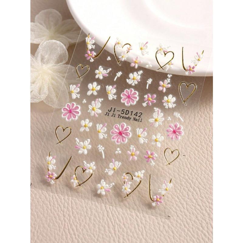 1Pc Spring And Summer Hot Stamping Flower Heart-Shaped Nail Art Stickers White Flowers, Hollow Heart-Shaped Nail Art Decal