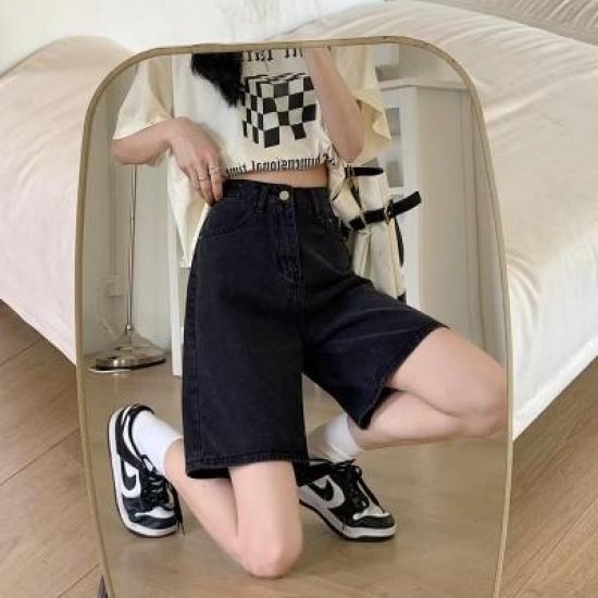 

Retro Blue Denim Shorts for Women, Summer 2026, Lightweight, Straight-Leg, Loose, High-Waisted, Slimming, Versatile Mid-Length Pants 2XL чорний