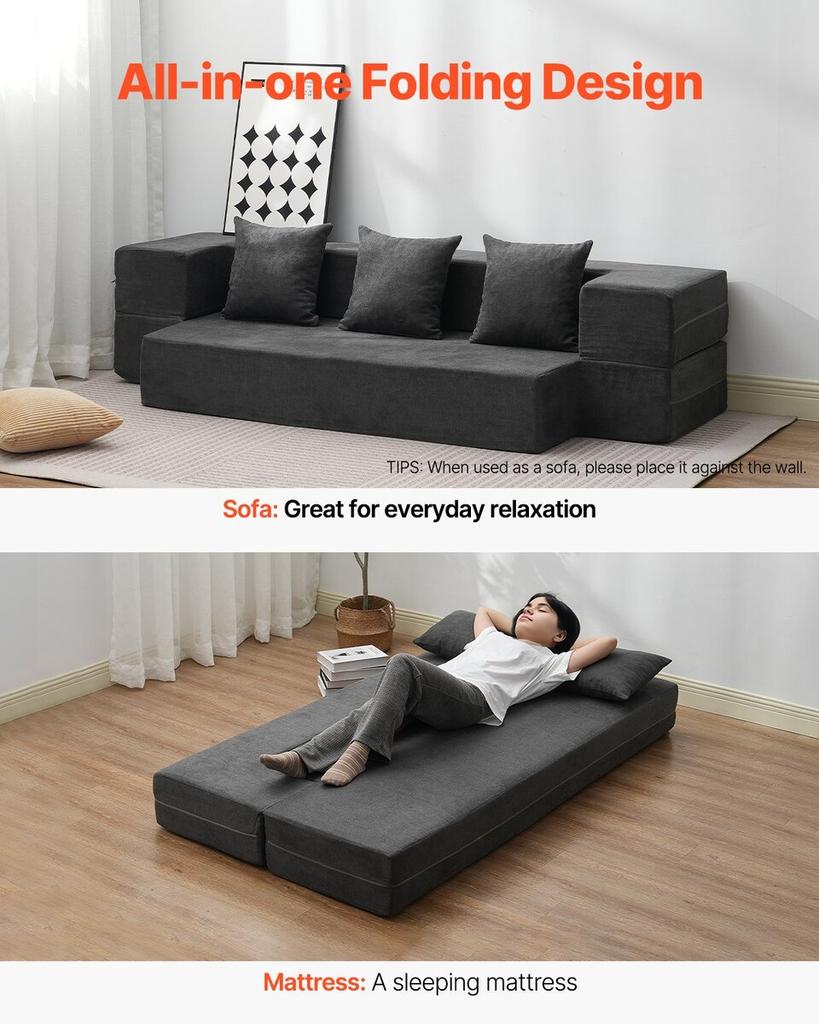 Folding Sofa Bed 3-in-1 Foldable Couch Bed with 3 Pillows Dark Grey Twin